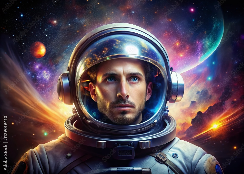 Futuristic Astronaut Portrait with Double Exposure Technique Blending Space and Technology Elements in a Dreamlike Atmosphere of Cosmic Exploration and Adventure Futuristic Astronaut Portrait with Double Exposure Technique Blending Space and Technology Elements in a Dreamlike Atmosphere of Cosmic Exploration and Adventure