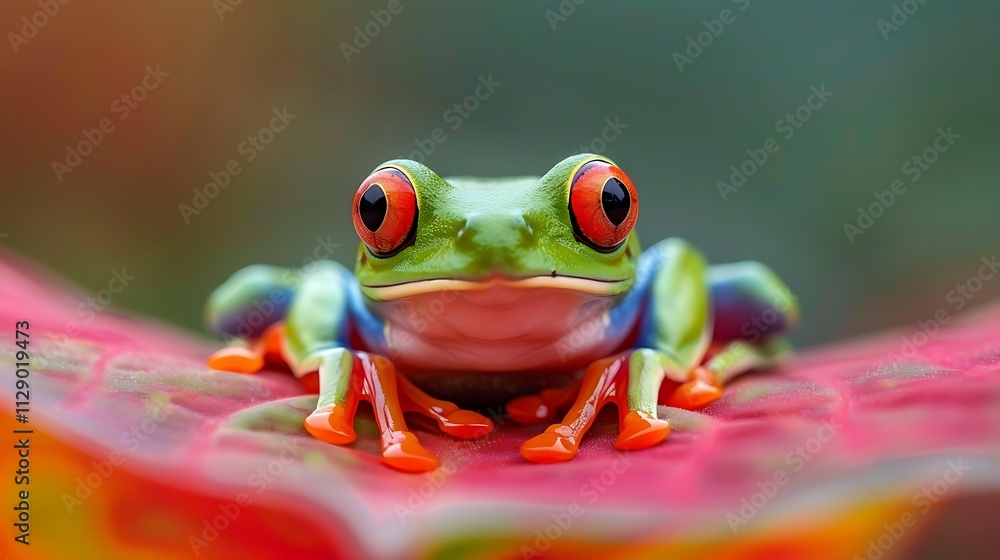 Naklejka premium Close-up of a vibrant red-eyed tree frog perched on a red leaf.