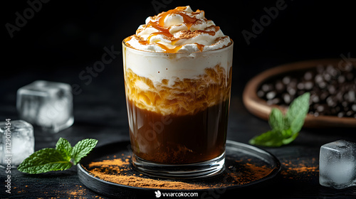 A stunning photography showcasing a cold brew served in a tall glass, topped with frothy cream and a drizzle of caramel, placed on a tray with mint leaves and ice cubes nearby.