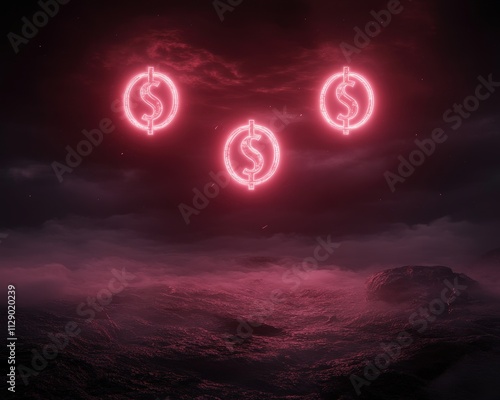 A dark, atmospheric scene featuring glowing pink dollar signs above turbulent waters, evoking themes of finance and mystery. photo