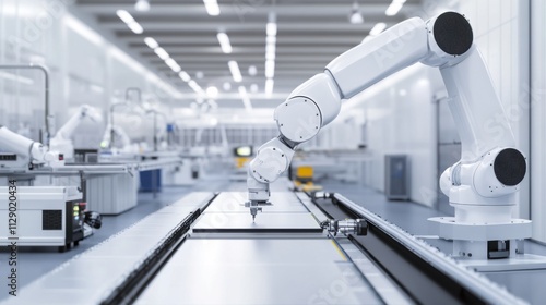 A robot assisting with precision tasks in a high-tech robotics manufacturing facility with clean assembly areas and advanced robotics components, Robotics manufacturing tech style, photo of photo