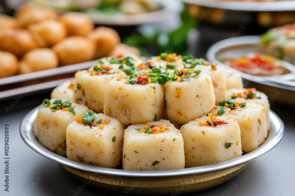 Savory Dhokla Delicacies in Elegant Presentation from Gujarat Savory Dhokla Delicacies in Elegant Presentation from Gujarat