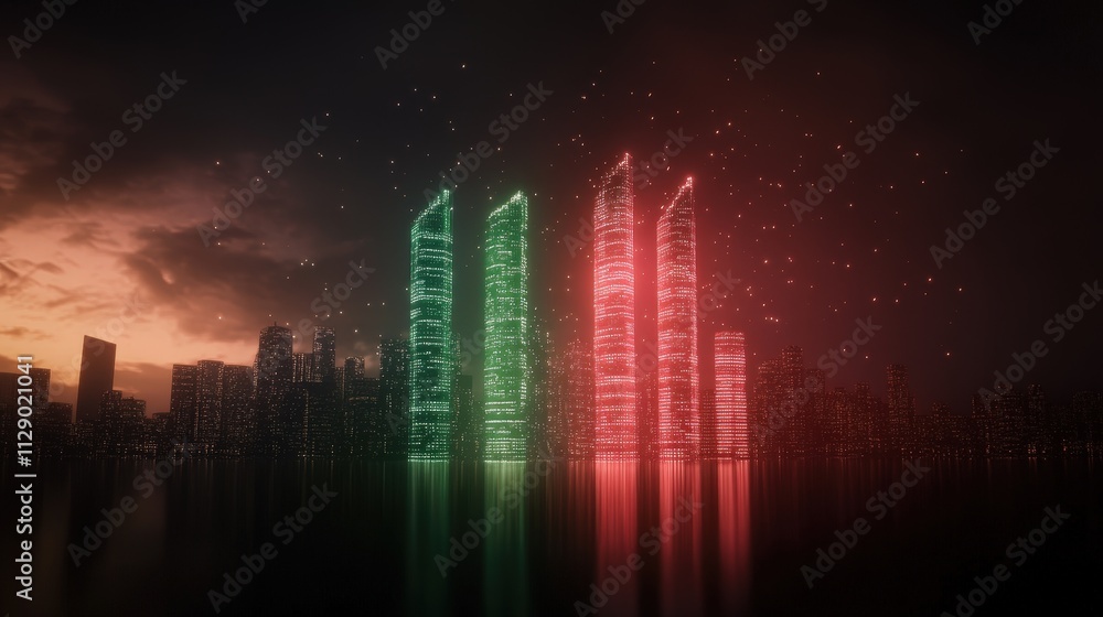 A stunning city skyline at dusk, featuring illuminated towers in green and red, reflecting on the water, creating a vibrant and captivating scene. A stunning city skyline at dusk, featuring illuminated towers in green and red, reflecting on the water, creating a vibrant and captivating scene.
