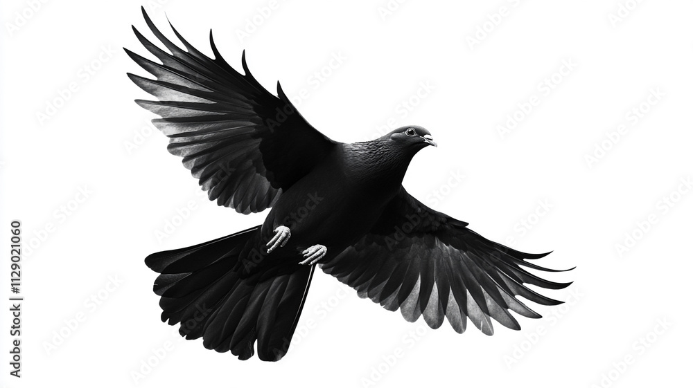 Obraz premium A black dove flying in the air isolated on white background.