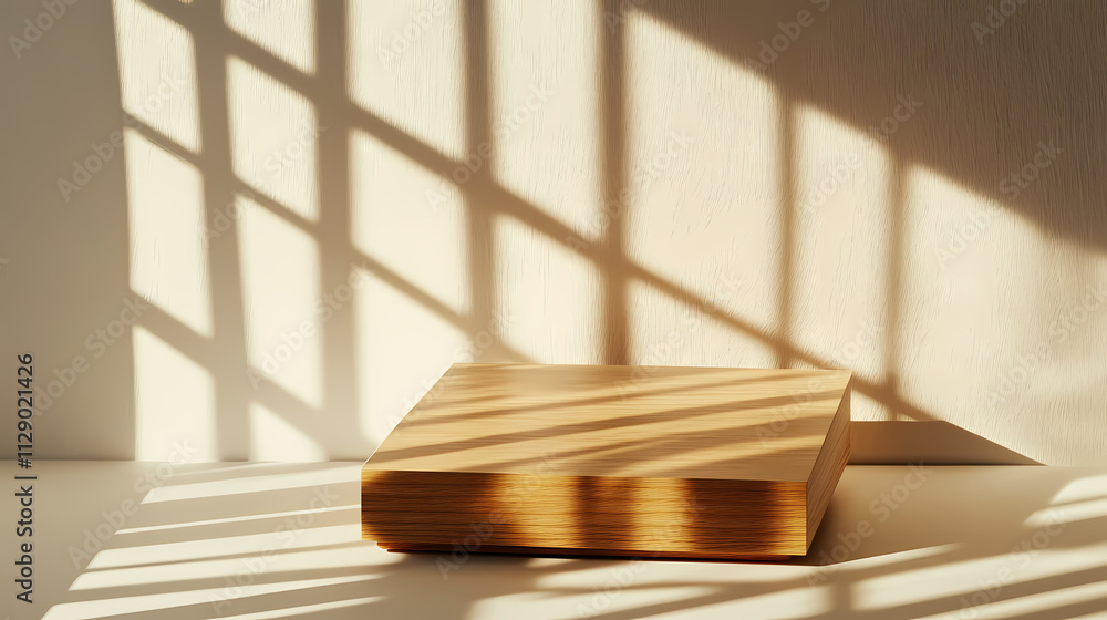 Elegant wooden podium with detailed wood grain, sunlight filtering through, shadow play on a white wall, ideal for luxury beauty product display. Echo. Illustration Elegant wooden podium with detailed wood grain, sunlight filtering through, shadow play on a white wall, ideal for luxury beauty product display. Echo. Illustration