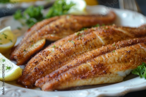 Deliciously Seasoned Pan-Fried Fish Fillets Garnished with Fresh Herbs and Lemon Wedges on a White Plate