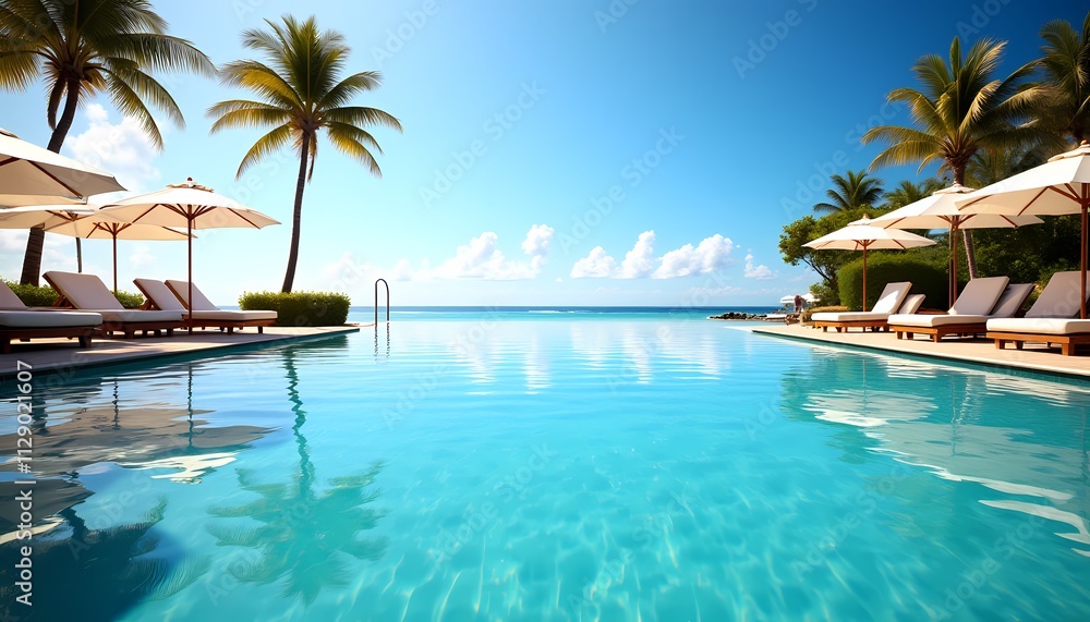 Outdoor tourism landscape. Luxury beach resort with swimming pool and sun loungers or umbrellas with palm trees and blue sky Outdoor tourism landscape. Luxury beach resort with swimming pool and sun loungers or umbrellas with palm trees and blue sky