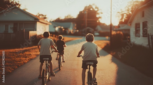 Nostalgic 90s Suburban Kids Biking at Sunset
