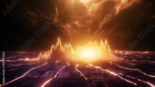 Wallpaper Mural A digital landscape showcasing a vibrant sound wave emanating light, surrounded by a dramatic cloudy atmosphere, suggesting energy and dynamism. Torontodigital.ca