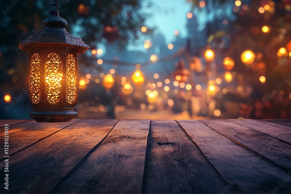 Wooden table with hanging lantern, blurred festive lights background. Wooden table with hanging lantern, blurred festive lights background.