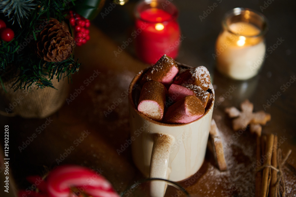 Mug of hot chocolate with marshmallows surrounded by festive Christmas decor Mug of hot chocolate with marshmallows surrounded by festive Christmas decor