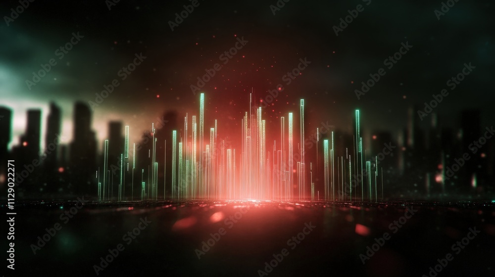 A futuristic city skyline illuminated by glowing green and red vertical structures against a dark, moody background. A futuristic city skyline illuminated by glowing green and red vertical structures against a dark, moody background.