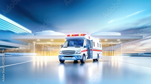 White ambulance parked outside contemporary hospital building with illuminated windows, showcasing emergency medical readiness