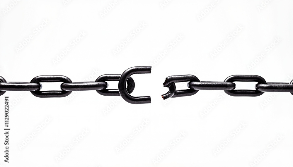 Obraz premium Broken Chain Link Symbolizing Weakness, Failure, or Breakage in a Continuous Process or Connection. Close-Up of a Severed Metal Chain on a White Background