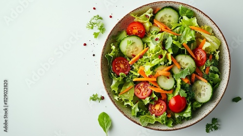 Fresh Colorful Salad with Cucumbers, Tomatoes, and Carrots in Bowl