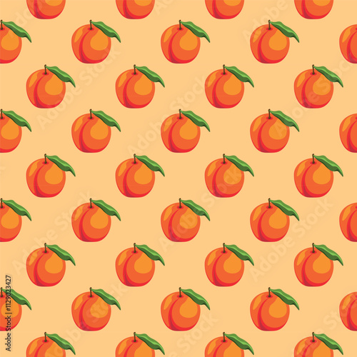 Peach flat seamless pattern on brown background. Wrapping paper, gift card, poster, banner design. Home decor, modern textile print. Summer bright geometric fruits patterned.