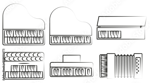 Set of keyboard musical instruments. Keyboard instruments thin line.