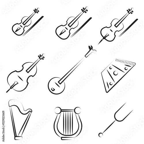 Set of symphonic string musical instruments. Set of stringed instruments with title in thin line.