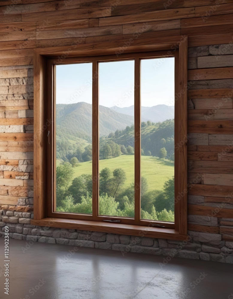 Fototapeta premium Wooden wall with a large window that provides an unobstructed view, wooden frame, wooden wall, expansive space