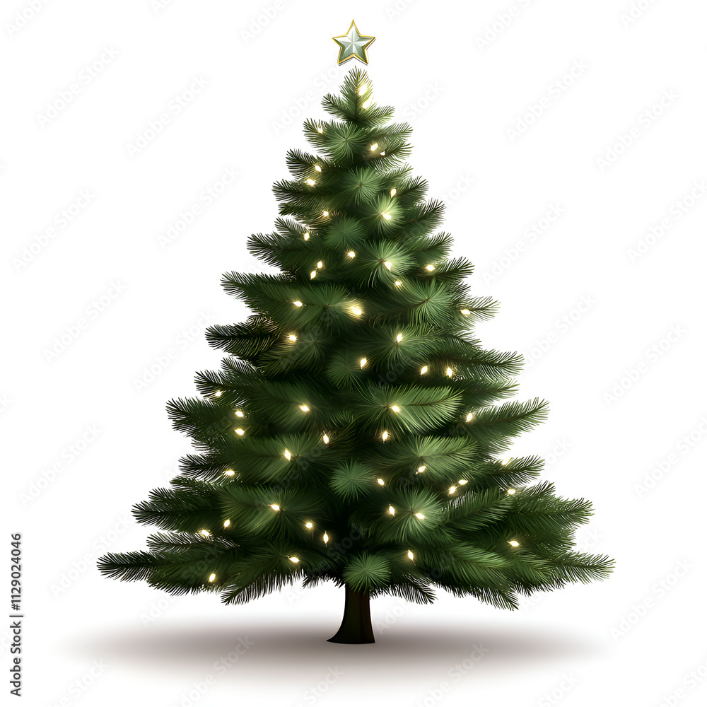Fototapeta premium A beautifully adorned Christmas tree, illuminated with warm white lights, topped with a golden star, showcasing its lush green foliage against a clean white background.