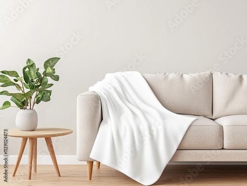 Soft, blank throw blanket draped over a modern sofa in a neutral-toned room, throw blanket mockup, clean and versatile design for home decor