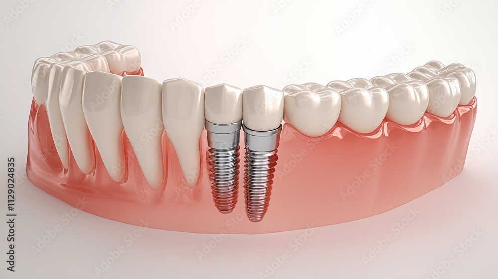 Dental Implants: A 3D Model Showing Two Implants Supporting a Bridge Dental Implants: A 3D Model Showing Two Implants Supporting a Bridge