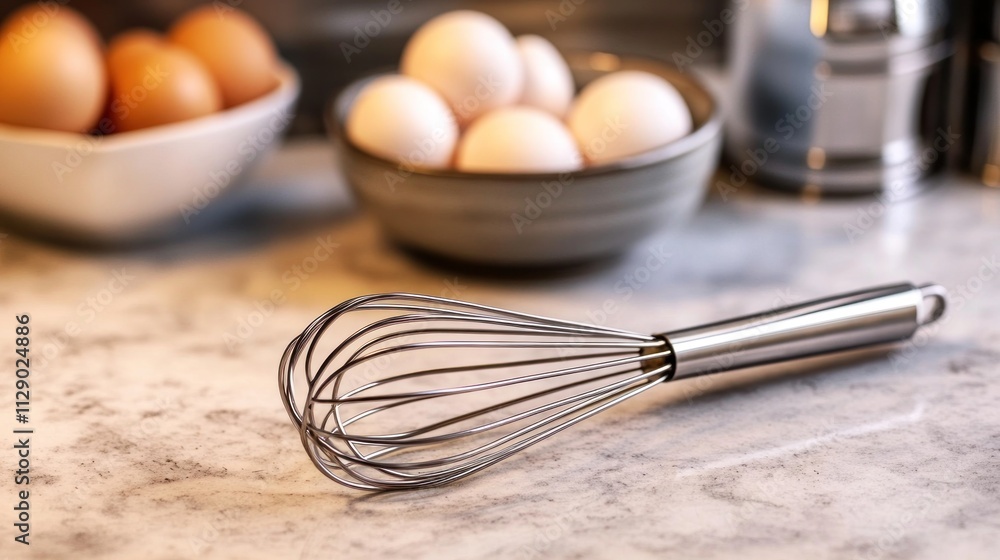 Stainless Steel Whisk on Kitchen Counter with Blurred Eggs in Background Stainless Steel Whisk on Kitchen Counter with Blurred Eggs in Background