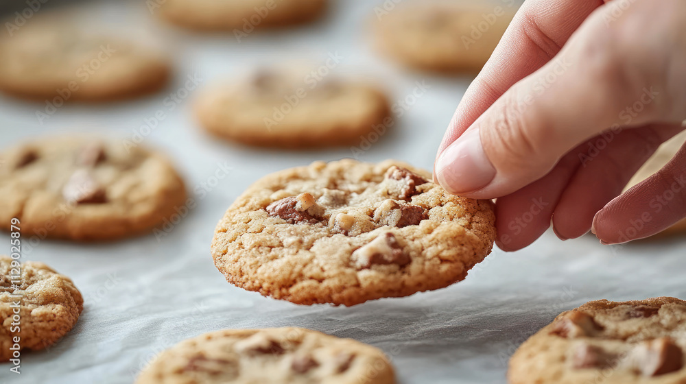 A hand grabbing a cookie from a baking tray, food festive event A hand grabbing a cookie from a baking tray, food festive event