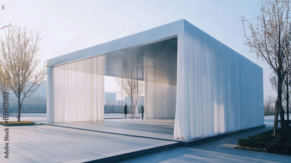 A sleek pavilion made of metal and fabric, designed as a temporary event structure, with a modern and minimalist aesthetic