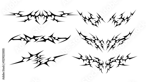Set of neo tribal sigilism symmetrical shapes. Cyber ​​Gothic Element vector design pattern in Abstract black and White colors
