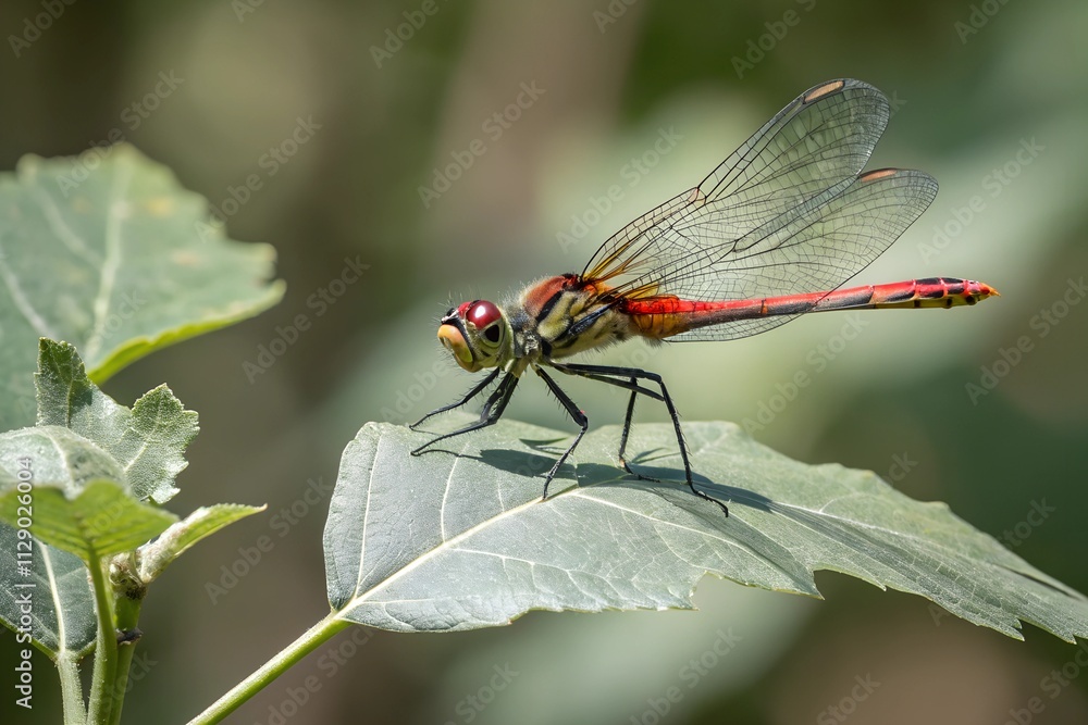 Colorful Dragonfly Perched on a Leaf in a Lush Garden. Colorful Dragonfly Perched on a Leaf in a Lush Garden.