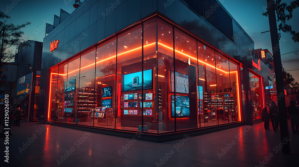 Modern illuminated retail store at night. Modern illuminated retail store at night.