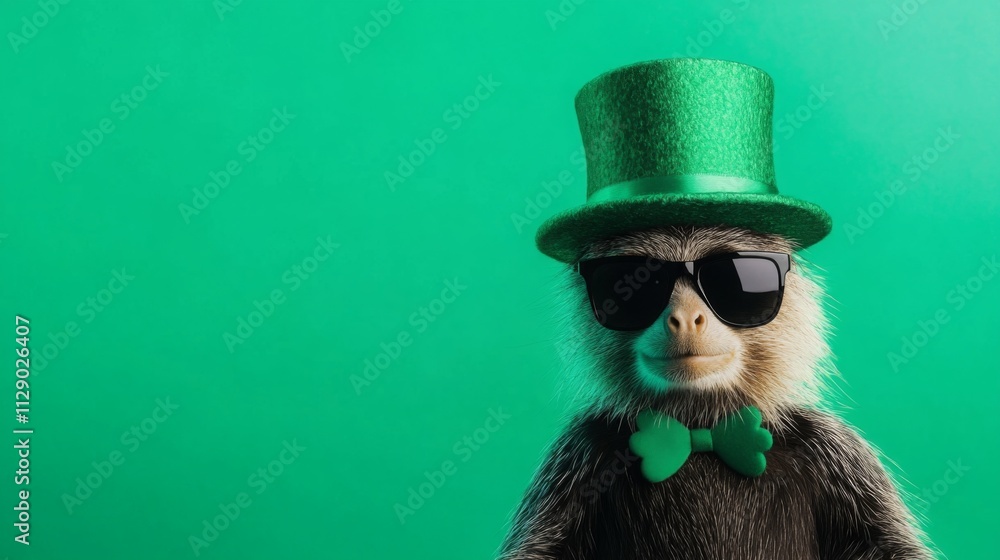 cute animal dressed for St. Patrick's Day, green top hat and black sunglasses, solid green background, cheerful and vibrant, copy space cute animal dressed for St. Patrick's Day, green top hat and black sunglasses, solid green background, cheerful and vibrant, copy space