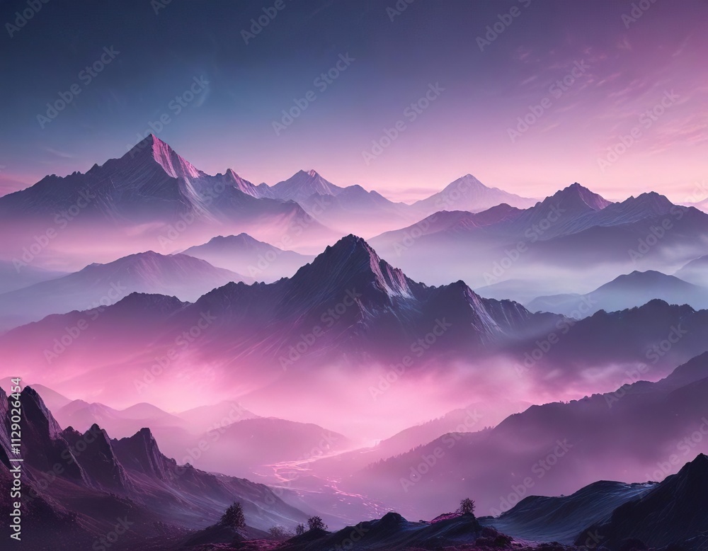 Obraz premium Abstract pink and blue glow illuminating a misty mountain range at dawn , Misty Mountain Range, Landscape
