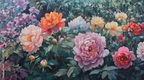 Illustration. Painting. A spring garden with roses and pink peonies lining a path.