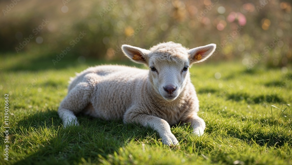 Young lamb with serene mood, lying down on green grass, against a soft-focus wildflower background Young lamb with serene mood, lying down on green grass, against a soft-focus wildflower background