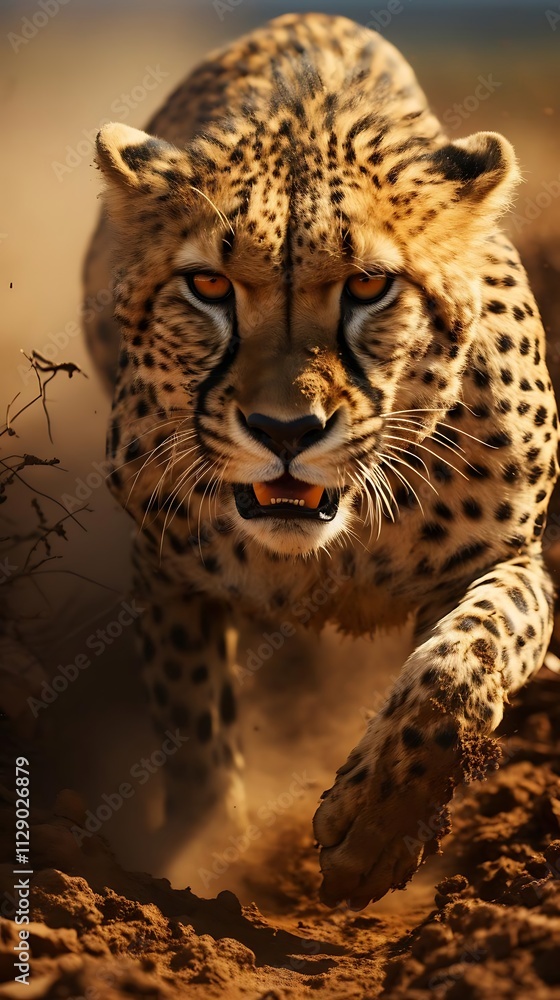 Close-up of a cheetah running, intense gaze, dust and dirt. Close-up of a cheetah running, intense gaze, dust and dirt.