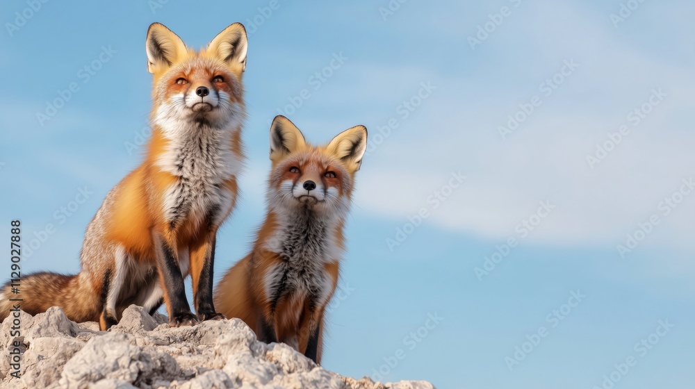 Two Red Foxes Gazing Above a Rocky Outcrop Under Bright Sky Two Red Foxes Gazing Above a Rocky Outcrop Under Bright Sky