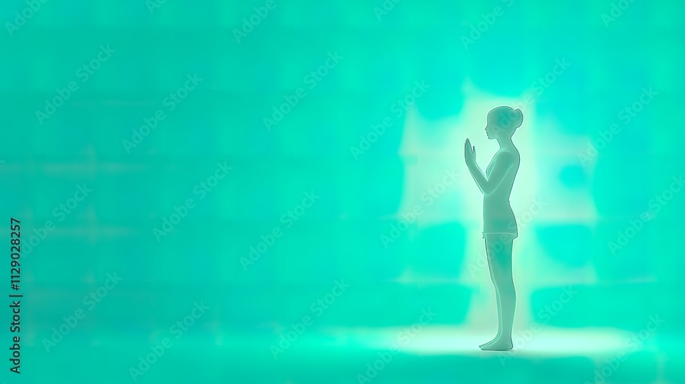 Serene woman meditating, glowing aura, teal background. Serene woman meditating, glowing aura, teal background.