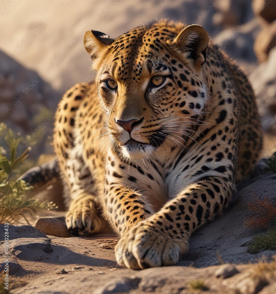 Fototapeta premium The leopard's fur is matted and dusty from its rocky habitat, terrain, texture, earthy