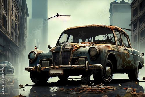 Car is sitting in the middle of city street. A city with cars and apocalypse in the sky. A city destroyed by road cars. A city building destroyed by apocalypse with cars and a road post lifestyle. photo