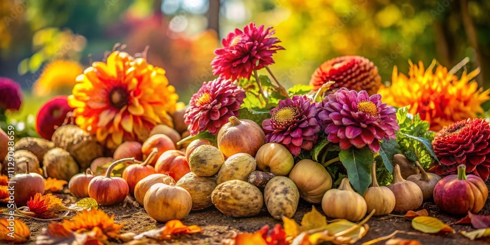 Fototapeta premium Harvesting Dahlia Tubers for Winter Storage in a Vibrant Autumn Garden, Showcasing Rich Textures and Natural Light to Celebrate Organic Gardening and Seasonal Harvest
