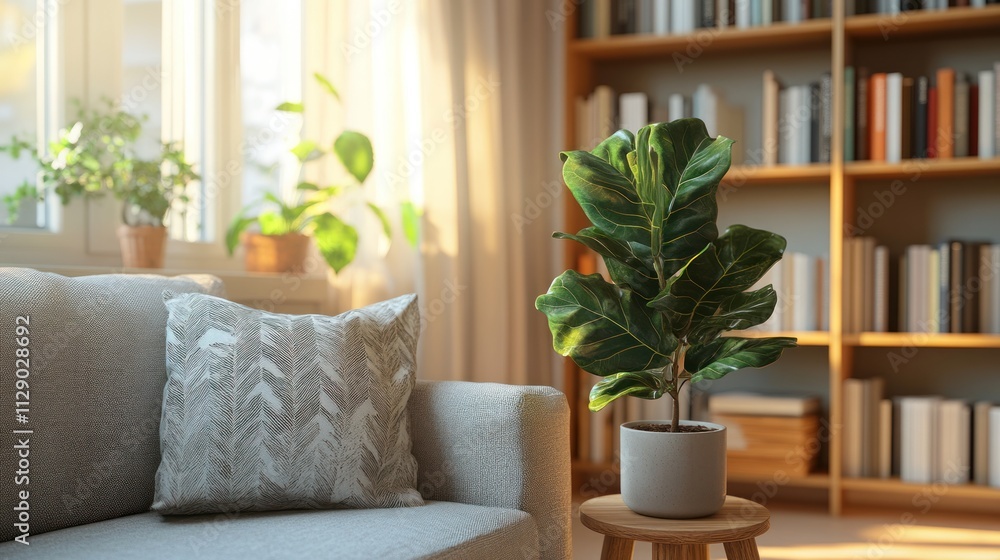 Naklejka premium Sunlight Illuminates Cozy Living Room with Fiddle Leaf Fig