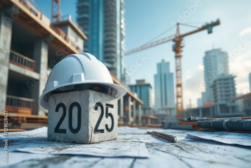 Construction helmet, 2025 on grey brick and background with sunlit cranes, Construction industry 2025 concept.