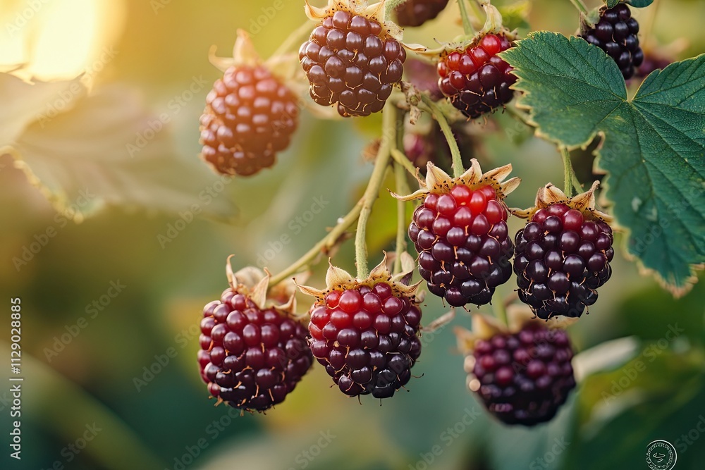 Ripe Blackberries Growing On A Branch In Sunlight Ripe Blackberries Growing On A Branch In Sunlight