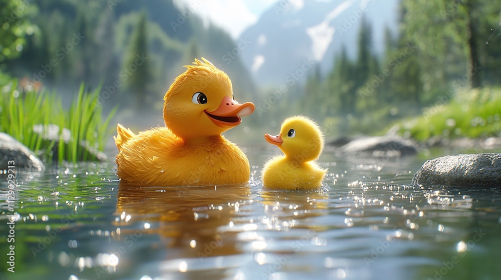Cute Big Yellow Duck with Little Duckling in Nature Cute Big Yellow Duck with Little Duckling in Nature