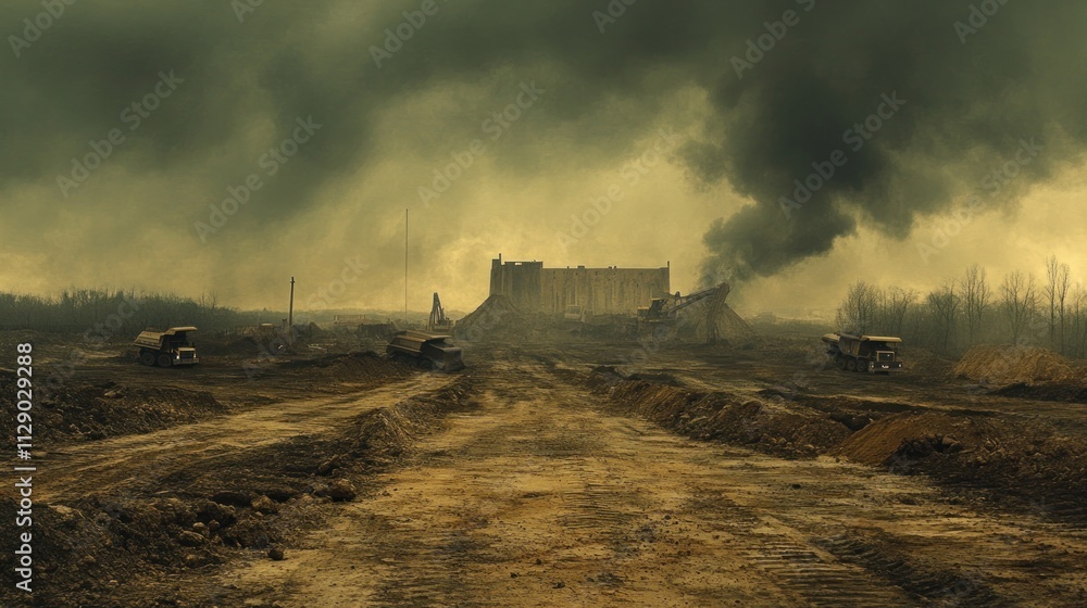 Fototapeta premium Apocalyptic Industrial Landscape: A Dark and Ominous Scene of Heavy Machinery and Pollution