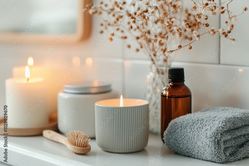 Relaxing self-care evening routine with candles and essential oils in a cozy bathroom setting for mindfulness and wellness Relaxing self-care evening routine with candles and essential oils in a cozy bathroom setting for mindfulness and wellness