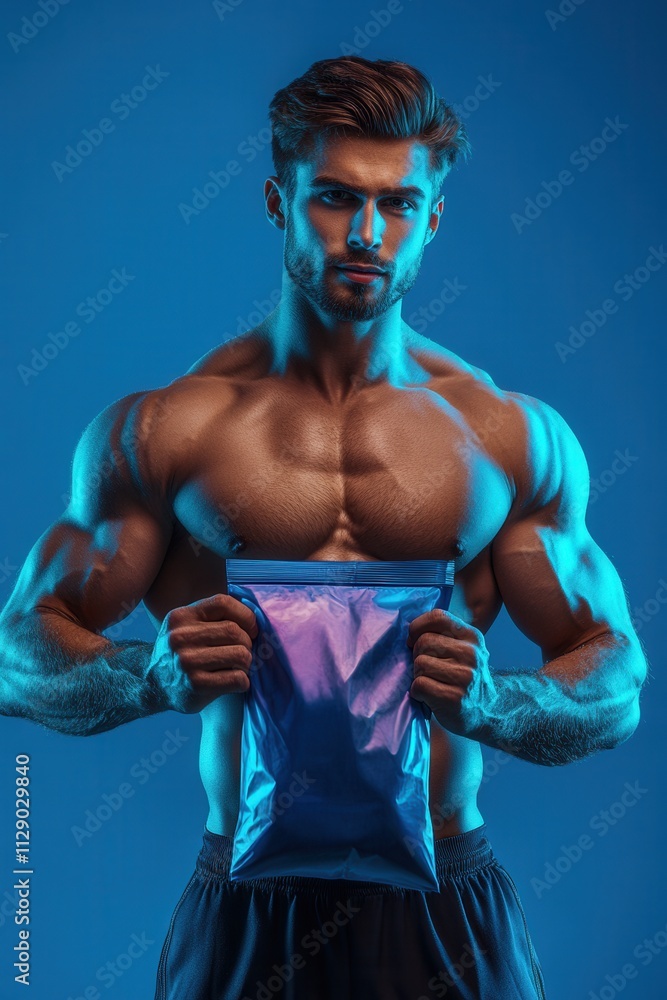 Obraz premium Muscular man showcasing fitness supplement bag in a blue-lit studio setting during a photo session focused on health and strength