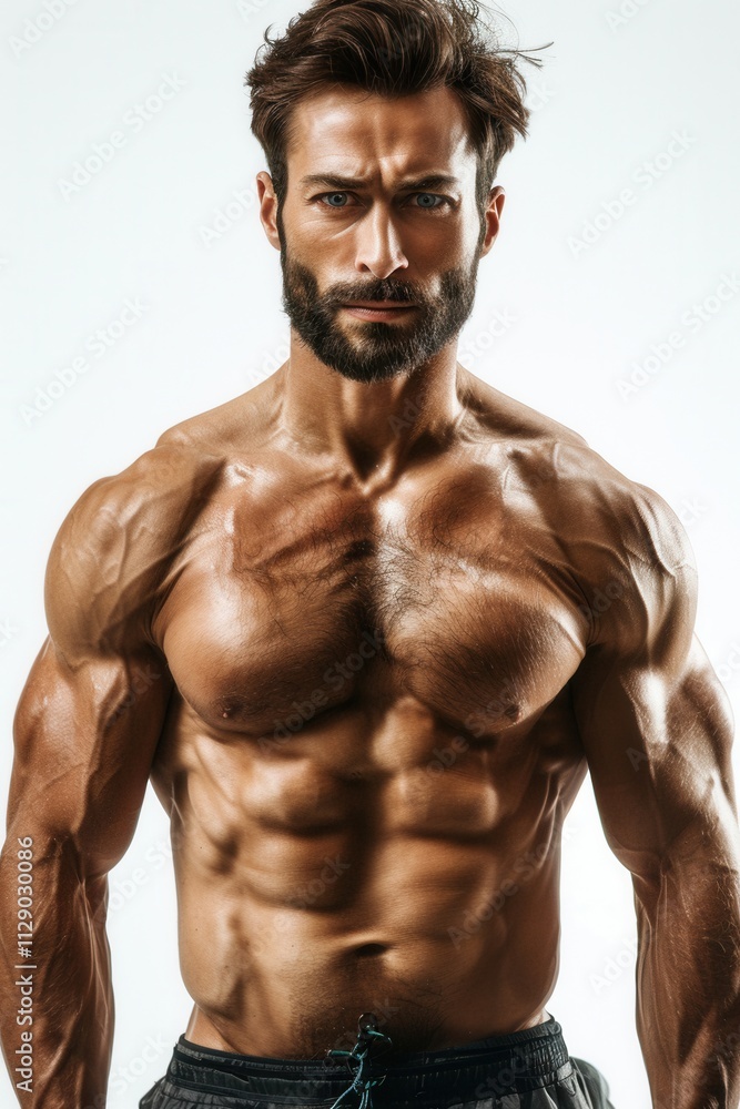 Muscular man showcasing impressive physique and well-defined muscles during a fitness photo shoot in a minimalist studio setting Muscular man showcasing impressive physique and well-defined muscles during a fitness photo shoot in a minimalist studio setting